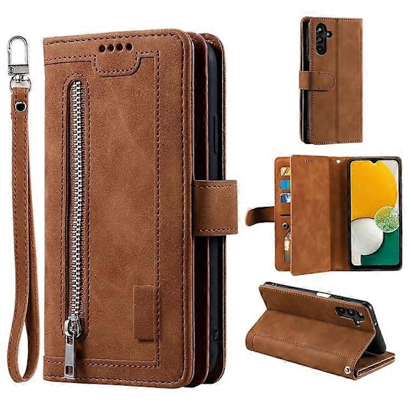 Kompatibelt etui til Samsung Galaxy A16 5G / A16 4G PU læder telefonetui med lynlås pung 9 kortpladser (FQ) Brown