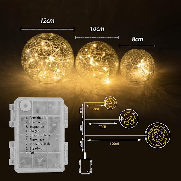 Sæt med 3 LED Glaskugler Varmt Hvid Juledekoration 8 Positioner - Perf Warm white