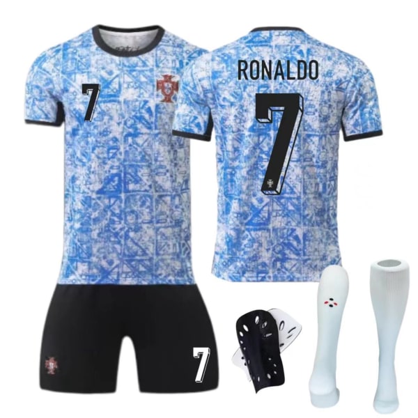 24-25 Portugal bortaställ nr 7 Ronaldo barn vuxen kostym fotbollströja Size 7 socks + protective gear 16