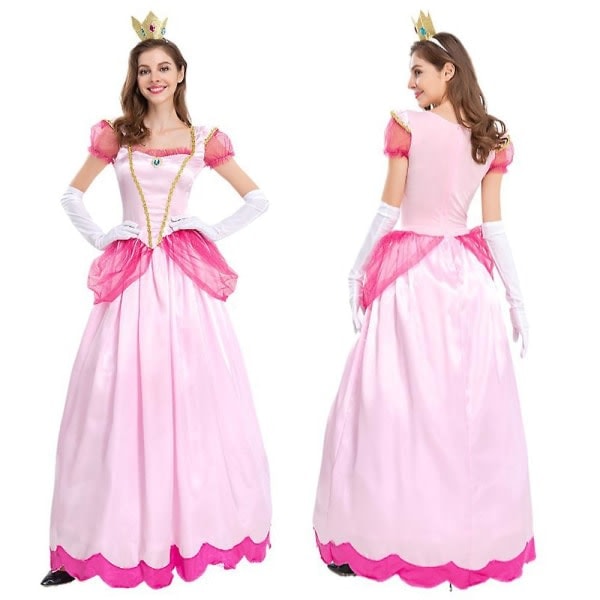 Kvinnor Super Mario Peach Cosplay Festklänningar Rosa Prinsessklänning+Handskar+Huvudband Set Gåvor M Black