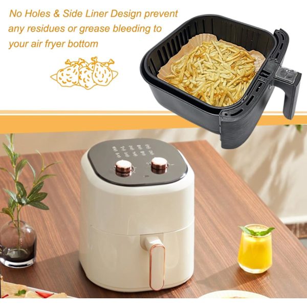 BYKITCHEN Air Fryer Papir, 50 stk Kvadratiske Engangsformer, Fedtresistente til Friturer, Kompatibel med COSORI, Ninja, Tower Cosori