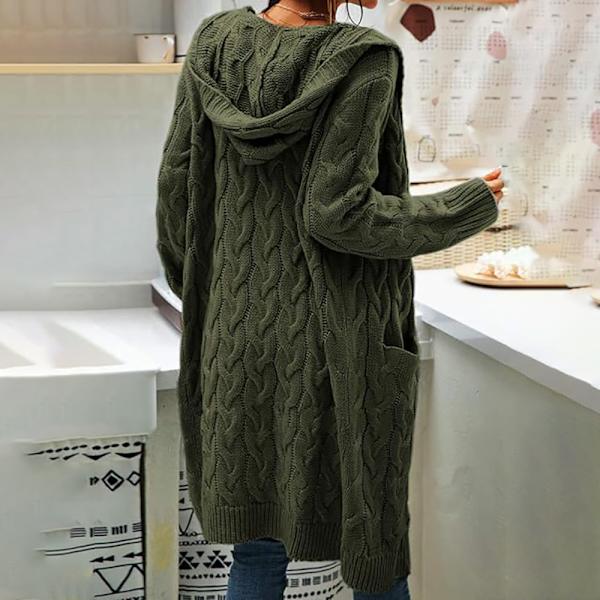 Kvinnors Hooded Cardigan Långärmad Chunky Knit Öppen Fram Cardigan Tröja Höst Vinter Casual Cardigan Tröja med Fickor