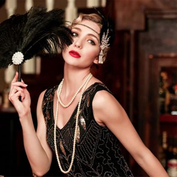 1920-talets klaffhuvudband Art Deco Great Gatsby, huvudbonad inspirerad av bladmedaljong pärlhuvudband för kvinnor och flickor (svart guld)