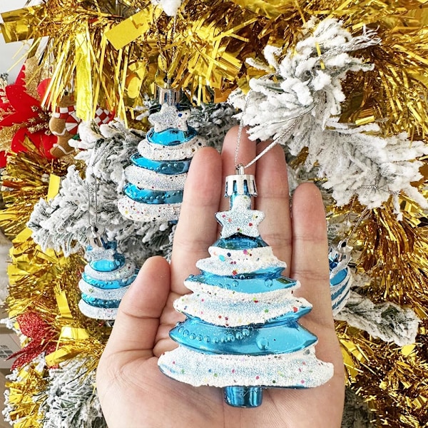 4 stykker juletrær hengende dekorasjoner glitter juletrær kuler juletrær dekorasjoner juletrær anheng glitter jul BLUE