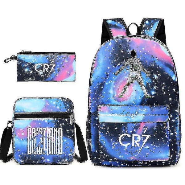 Football star C Ronaldo Cr7 backpack with printed around the student Three-piece backpack. Starry blue 1