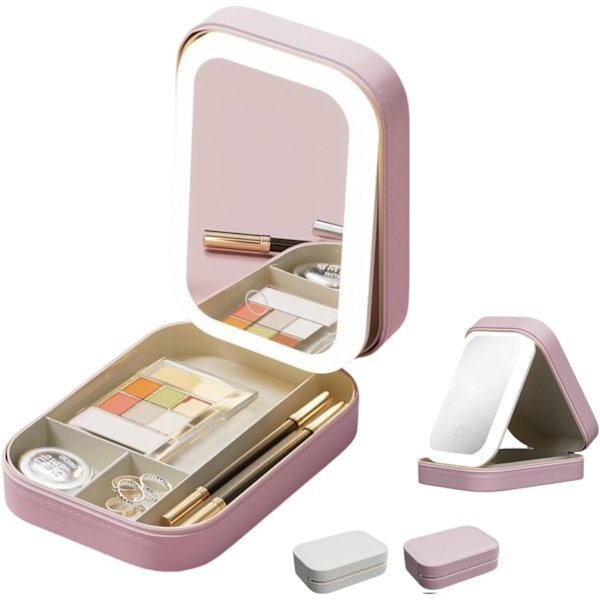 Makeuptaske med spejl, rejsemakeup-organizer med LED-spejl, bærbar kosmetikpose med 3 farver justerbar lysstyrke Pink