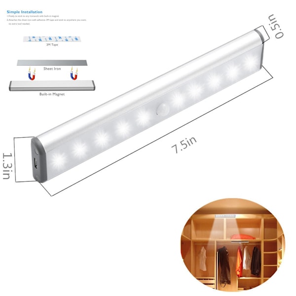 Bärbar liten LED-lampa under skåp med 10 LED-rörelsedetektor, laddningsbar magnetisk remsa för garderobsskåp