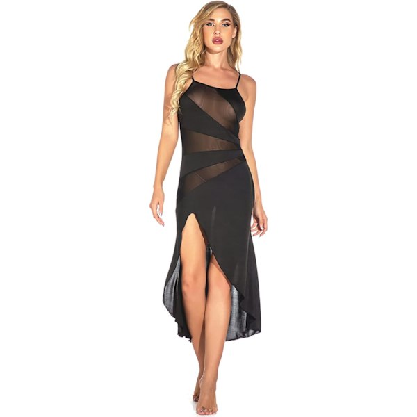 exy Lång Semi Sheer Maxiklänning för Kvinnor Plus Size Sexig Robe Underkläder Set Svart 2 Large