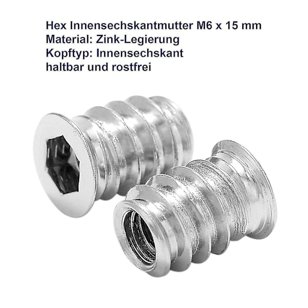 100 st trägängade insatser sexkantsmutter M6 x 15 mm zinklegering skruvinsats gängad hylsa skruv M6 träinsats för möbler stolar träbäddar