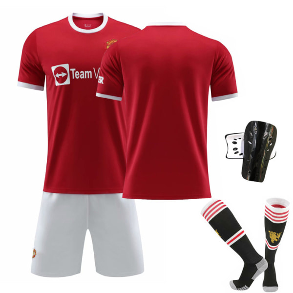 21-22 Ny Red Devils Hjemme Nr. 7 Ronaldo Trøje Nr. 6 Pogba Fodboldtrøje Sæt Nr. 18 Stjerne med Originale Sokker No. 10 with socks + protective gear XS#