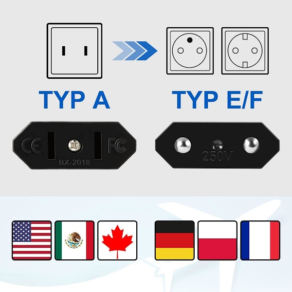 4-pack USA till EU reseadapter USA-kontakt till 2-stifts Euro/Tyskland kontakt A