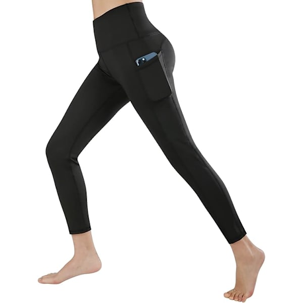 Leggings med lommer til kvinder - Højtaljede yogabukser til kvinder med lommer - Mavekontrol - Træningsyogaleggings - Sort - XL