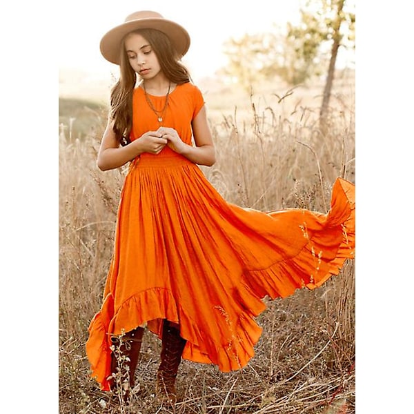 Plus Size Prinsesse Piger Bomuld Blonder Fest Teenagere Lange Kjoler Baby Børn Blomsterpige Bryllup Fødselsdag Børnetøj Til 6-14y Orange Orange 6