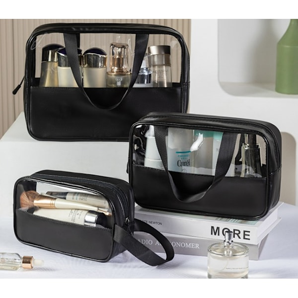 (Sort) 3-delt transparent makeup taske rejsetaske toilettaske
