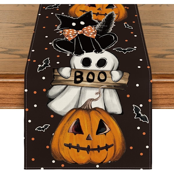 Polka Dot Ghost Pumpkin Cat Boo Halloween Table Runner, Bat Seasonal Fall Kitchen Dining Table Decoration for Home Party Decor 13x72 Inch