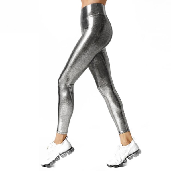 Metalliska leggings för kvinnor med hög midja, glänsande byxor, leggings, silver silver L