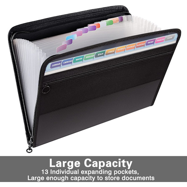 A4-perm, 13 rom Dokumentmappe Permmappe Sorteringsmappe med glidelås, dokumentveske Mappe Lever Arch-perm og sterk plast for kontor Black Expanding Folder