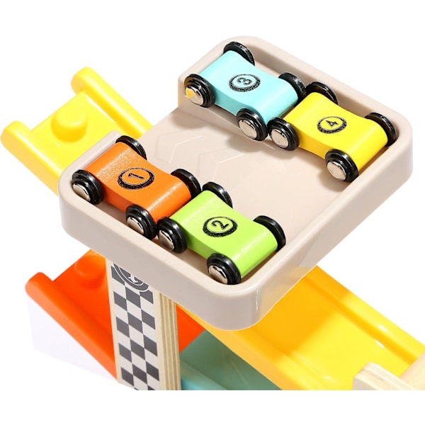 Træbilrampe Racetrack Legetøj Toddler Playset Udskiftningsbiler 12-pak