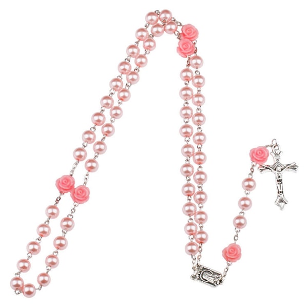 Rosa Rose Cross Armband, Katolsk Rose Bead Rosenkranshalsband St