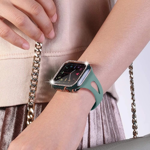 Bling Glass+ deksel for Apple Watch Case 45mm 41mm 40mm 44mm 42mm 38mm Diamant støtfanger+skjermbeskytter iwatch serie 7 9 8 5 6 SE B grønn sølv B green silver 42mm Series 321