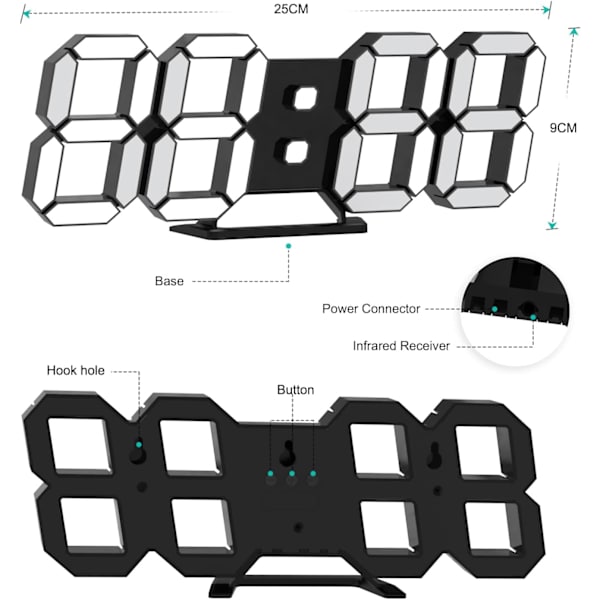Sort 3D LED Digital Væg Ur Stort Lysende Alarm Ur Støj
