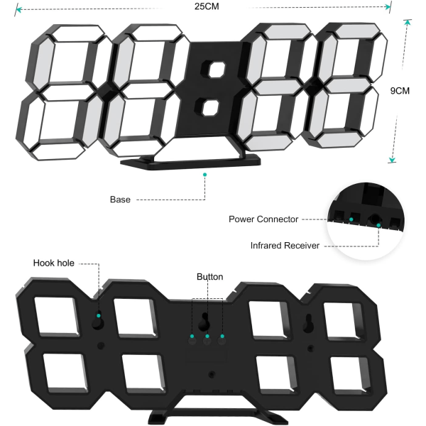 Svart 3D LED digital väggklocka Stor lysande väckarklocka ljud