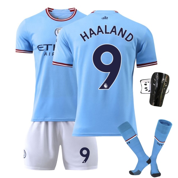 22-23 Manchester City hemma fotbollsdräkt set nr 17 De Bruyne nr 9 Haaland 47 Foden 7 Sterling tröja No. 9 w/ Socks + Protective Gear #S