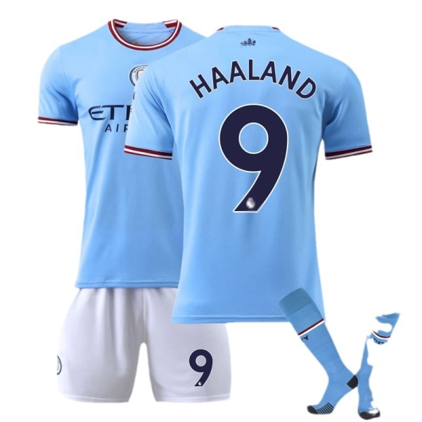 22-23 Manchester City hjemmefodboldsæt nr. 17 De Bruyne nr. 9 Haaland 47 Foden 7 Sterling trøje No. 47 w/ Socks + Protective Gear #XL