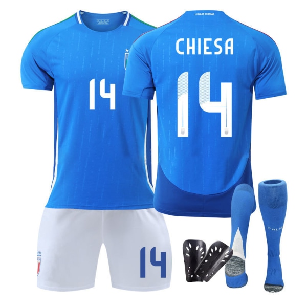 Europacup Italien tröja 2024 hemma Chiesa träningsdräkt för vuxna för barn herr- och damfotbollsdräkter Italy Home No. 14 + Socks & Gear 22