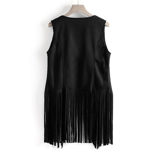1970'ernes Kvinde Tassel Ærmeløs Vest 70'er Retro Hippie Kunstlæder Frynser Jakke Cardigan Sort Black XL