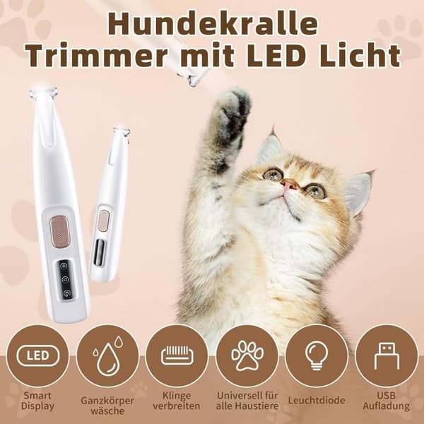 Hiljainen johdoton koiran trimmeri / kynsileikkuri LED-valolla, vedenpitävä, johdoton