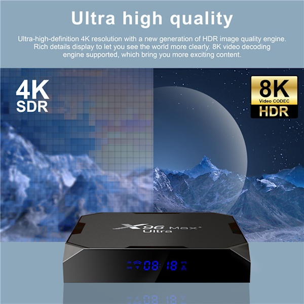 4 Gt 64 Gt X96 Max Plus Ultra TV-laatikko Android 11 Amlogic S905X4 2,4 Gt/5 Gt Dual WiFi BT4.0 USB3.0 Tukee AV1 H.265 8K 24fps 4K 60fps HDR Set Top Box EU EU 4GB 64GB