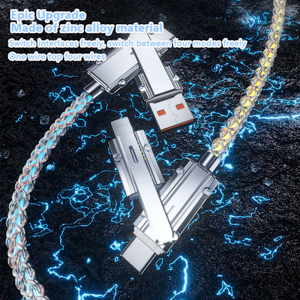 4i1 180 roterende RGB Flow lysende USB opladningskabel Type C og A4