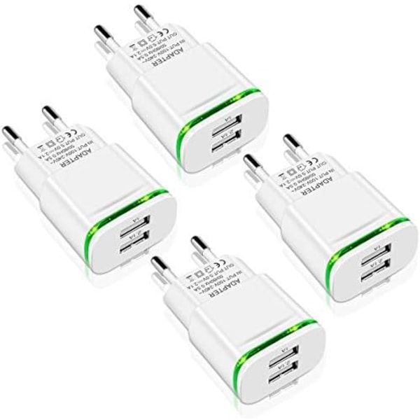 USB-strømstik, 4-pak 2.1A 5V 2-port Universal LED-strøm