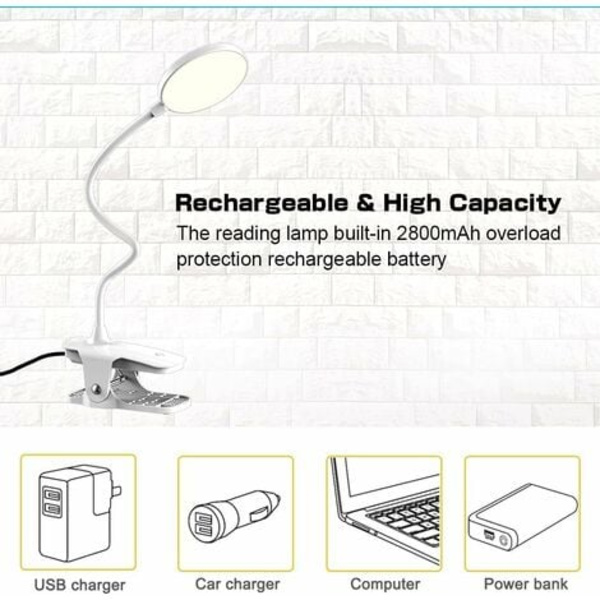 LED-bordlampe, læselampe, 3 farver og 3 dæmpbare, 20 LED-klemmelampe 360° fleksibel, 2500 mAh klemlampe
