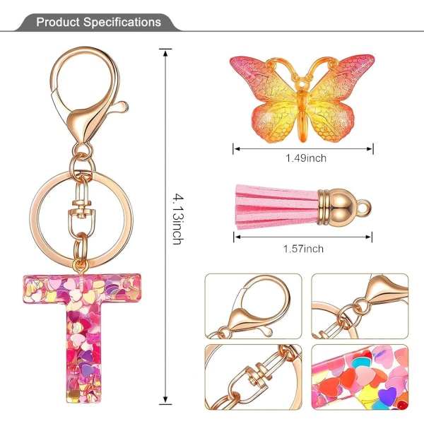 Alkukirjaimen avaimenperät naisille Tassel Butterfly Pink Purple Cute Auton avaimenperä lompakkoon Käsilaukut Reppu AZ Pink T