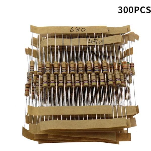 300 stk. 30 værdier 1/2W kulfilm modstandssæt 5% metal modstandssæt 10-1M Ohm kulfilm modstand individuelt mærket, model: 300 stk.