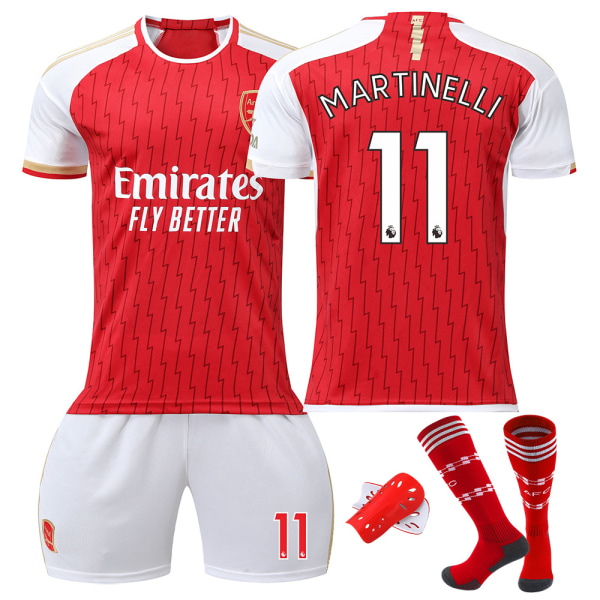 23-24 Arsenal hjemme fodboldsæt 7 Saka 8 Odegaard 9 Jesus 11 Martinelli trøje Size 8 + Protective gear with socks 18 yards