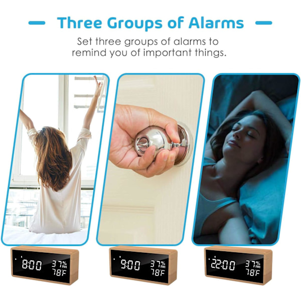 Trädigital väckarklocka, USB-driven elektronisk väckarklocka med snooze-funktion, LED-display för tid, temperatur och luftfuktighet