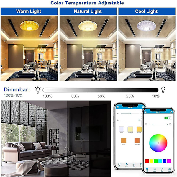 LED-kattovalaisin himmennettävä RGB-värimuutos Bluetooth-kaiuttimella, LED-lamppu keittiöön, lastenhuoneeseen, makuuhuoneeseen, olohuoneeseen