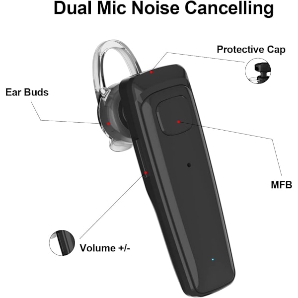 Bluetooth Headset - V5.0 Trådløs Handsfree Øretelefon Indbygget Dobbelt Mikrofon Støjreduktion, 16 Timer HD Taletid Ultralet Headset til (Sort)