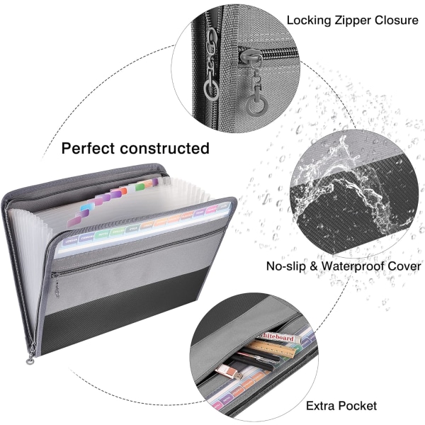 2-pak ekspanderende mappe A4, 13 rum Dokument harmonika mappe Sorteringsmappe med lynlås, dokumenttaske Lærredsmappe Etui Bågm 2 Pack Gray Expanding Folders