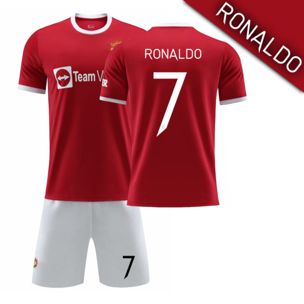 21-22 Nya Red Devils Hemma Nr. 7 Ronaldo Tröja Nr. 6 Pogba Fotbollströja Set Nr. 18 Stjärna med Originalstrumpor Size 6 with socks + protective gear S#