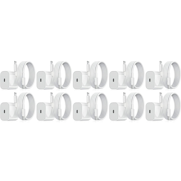 Oplader til iPhone - Hurtig oplader - Adapter + Kabel 20W USB-C Hvid Hvid White 10-Pack iPhone