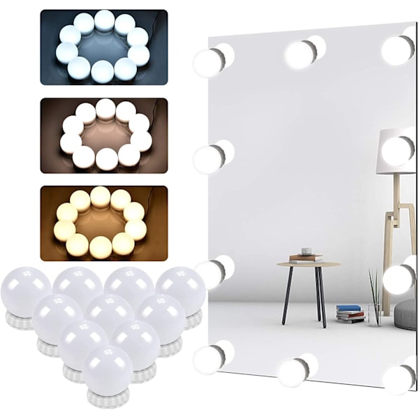 LED Speilbelysning, Hollywood-lys med bryter, 3 farger og 10 dimmebare for sminkebord, sminkebelysning, sminke speilbelysning