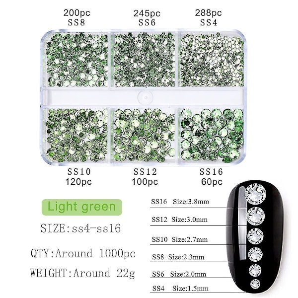 1000 stk Grønne Negle Sten Charms Flatback Krystal Rhinestones Negleforsyninger Runde Perler Diamant Bor 6 Størrelser (1,5-3,8 mm) Glas Rhinestone Til Kvinder Diy