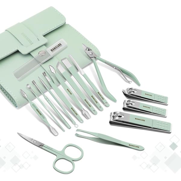 Nagelklippare bärbar set - Manikyrset i rostfritt stål Nagelklippare set med hopfällbar väska Manikyrskärare kit (16 st/set, grön)