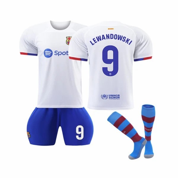 (2023/24 Barcelona Borte #9 Lewandowski Fotballdraktsett for Barn og Voksne 26(140-150CM)