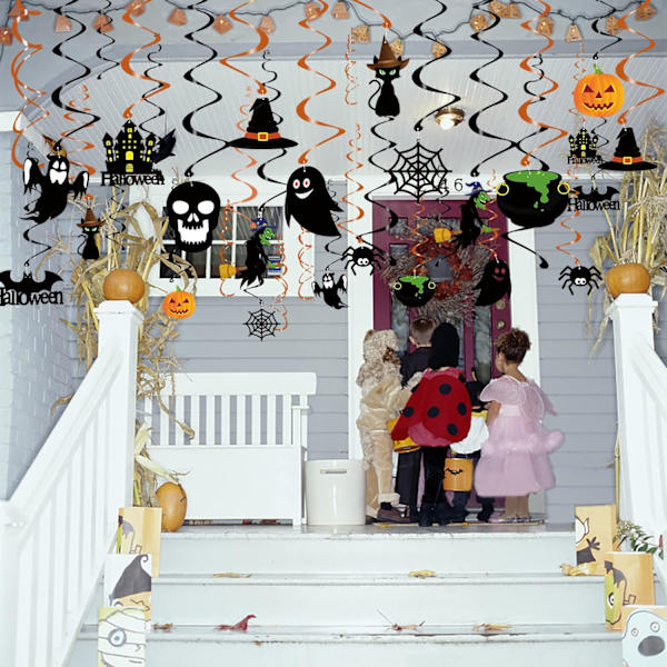 Halloween-koristeet riippuvina pyörteinä - 12 kpl riippuvaa Halloween-kattovirtaa - Suurikokoinen haamu, kurpitsa, noidat pyörteissä