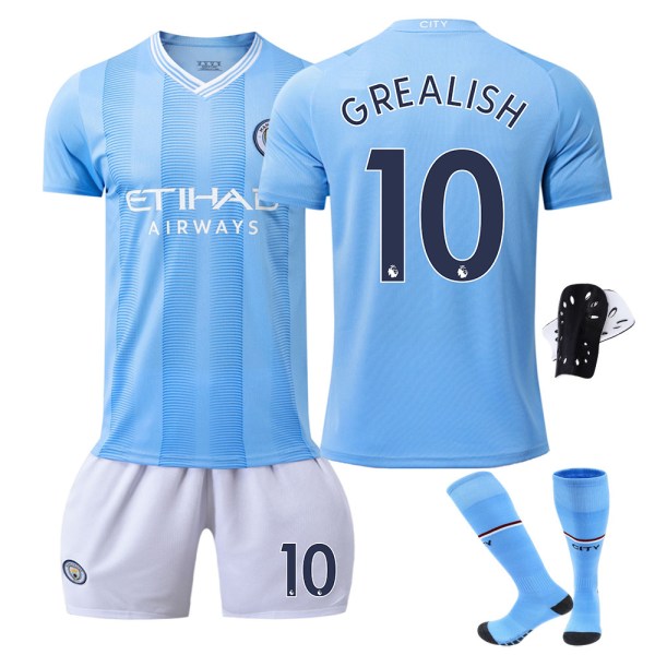 Ny 23-24 Manchester City hjemmebanetrøje nr. 9 Haaland 10 Grealish 17 De Bruyne fodboldunifornssæt No. 10 + Protective socks XXL